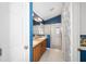 Bathroom with double vanity, shower, and blue walls at 17113 Se 78Th Larchmont Ct, The Villages, FL 32162