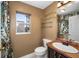 Bathroom with vanity, toilet, and patterned shower curtain at 17113 Se 78Th Larchmont Ct, The Villages, FL 32162