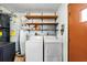 The laundry area includes a washer, dryer, water heater, shelving and a door to the exterior at 5640 Se 21St Ln, Ocala, FL 34480