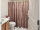 A standard bathroom featuring a toilet, vanity, shower with curtain, and a white door at 16914 Se 96Th Chapelwood Cir, The Villages, FL 32162
