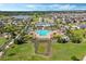 Aerial view of a community pool, clubhouse, and surrounding homes in a well-maintained neighborhood at 2676 Spider Lily Ct, Clermont, FL 34711