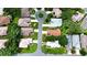 Overhead view of a residential neighborhood featuring well-kept homes, manicured lawns, and mature trees at 5622 King James Ave, Leesburg, FL 34748