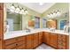 Double vanity bathroom with light wood cabinets and a large mirror at 17112 Se 71St Lewisfield Ter, The Villages, FL 32162