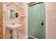 Small bathroom with pedestal sink and a door at 18033 Rose St, Groveland, FL 34736