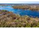 Aerial view of the property showcasing its waterfront location, surrounded by lush trees, with a green outline of the lot at 6100 Windmill Rd, Leesburg, FL 34748