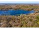 Stunning aerial view of a property bordering a lake, outlined in green, surrounded by dense woods and other lakes at 6100 Windmill Rd, Leesburg, FL 34748