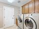 Convenient laundry room with washer, dryer, and ample storage at 276 Lawthorn St, The Villages, FL 32162