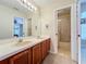 Bathroom with double sinks, wood cabinets, and a shower/tub combo at 25220 Waterbridge Ct, Leesburg, FL 34748