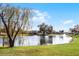 Serene lake view with mature trees and fountain at 2941 Tangerine Ct, Leesburg, FL 34748