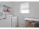 Convenient laundry room includes washer, dryer, and shelving for storage at 21509 Castle View Ct, Leesburg, FL 34748