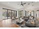Open living area features a large sectional and access to an outdoor living space with fireplace at 15118 Pendio Dr, Bella Collina, FL 34756