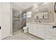 Bathroom featuring walk-in shower with glass door, decorative tile and neutral flooring at 25941 Newcombe Cir, Leesburg, FL 34748