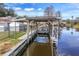 Wooden boat dock on a calm canal at 28228 Tammi Dr, Tavares, FL 32778