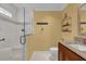 Clean bathroom with a large shower and granite countertop at 3545 Lia Ln, The Villages, FL 32163