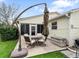 Outdoor patio with dining set and umbrella, next to the enclosed lanai area at 17412 Se 76Th Flintlock Ter, The Villages, FL 32162