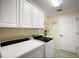 Efficient laundry room with white cabinets, utility sink, and modern washer and dryer at 2709 Astoria Ave, The Villages, FL 32162