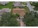 Aerial view of a residential neighborhood highlighting mature trees, landscaping, and surrounding community at 8338 Se 178Th Deveaux Ln, The Villages, FL 32162