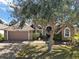Inviting home exterior with a well-maintained lawn and mature tree providing shade, adding to its appeal at 8920 Bridgeport Bay Cir, Mount Dora, FL 32757