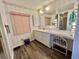 Bathroom vanity with white cabinetry, wood-look floors, and pink window blinds at 114 Chestnut St, Leesburg, FL 34748