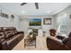 Living room with a fireplace, leather furniture, and large TV at 1301 Sand Pine Ave, Ocoee, FL 34761