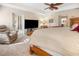 Light filled main bedroom with plush carpet, ceiling fan and patio access at 26709 Augusta Springs Cir, Leesburg, FL 34748