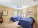 Bedroom featuring twin beds with blue comforters, a ceiling fan, and neutral carpeting at 16814 Se 80Th Bellavista Cir, The Villages, FL 32162