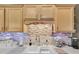 Close-up view of the kitchen sink featuring light wooden cabinets, tile backsplash, and a stainless steel faucet at 12163 Se 176Th Loop, Summerfield, FL 34491