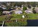 Aerial view of the property featuring the waterfront, backyard, dock, and shed at 1320 Cove Pl, Tavares, FL 32778