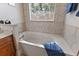 Corner view of a soaking tub with tile surround and window with a palm tree view at 1825 Myrtle Lake Ave, Fruitland Park, FL 34731