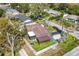 Aerial view of a fenced in yard with a covered patio, landscaping and a firepit at 2384 Orange Capital Ct, Eustis, FL 32726