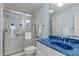 Well-lit bathroom featuring a stylish blue countertop and walk-in shower at 343 N Mcdonald St # 203, Mount Dora, FL 32757