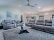 Open-concept living room featuring gray sofas, a plush rug, and views of the kitchen at 4774 Cosentino Ct, The Villages, FL 32163