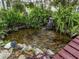 Scenic koi pond with a small waterfall, lush ferns, decorative rocks and garden ornamentation at 17652 Se 120Th Ter, Summerfield, FL 34491