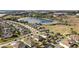 Aerial view of a quiet suburban neighborhood featuring homes with pools and a pond in the background at 2455 Hastings Blvd, Clermont, FL 34711