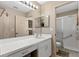 Bright bathroom featuring a vanity with storage, a large mirror, and a walk-in shower at 3812 Westerham Dr, Clermont, FL 34711