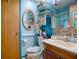 Cozy bathroom with light blue walls, vanity, toilet, and functional storage shelves at 11915 Cr 680, Webster, FL 33597