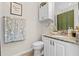 Charming powder room with granite countertop, decorative accents, and stylish fixtures at 123 Bayou Bend Rd, Groveland, FL 34736