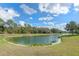 Community pond surrounded by green grass and foliage at 27710 Snow Orchid Ct, Leesburg, FL 34748