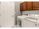 Laundry room featuring newer washer and dryer, built in dark wood cabinets, and white door to garage at 3782 Avon Ct, Clermont, FL 34711