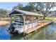 Features a covered boat dock with a pontoon boat, a convenient setup for lake access and boating enjoyment at 415 Carman Dr, Leesburg, FL 34748