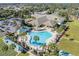 Aerial view of a resort-style community pool with palm trees, lounge chairs, and ample seating at 8660 Se 132Nd Ln, Summerfield, FL 34491