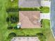 Aerial view showcases the home's roof, surrounding green space, and inviting backyard patio at 12335 Se 176Th Loop, Summerfield, FL 34491