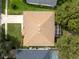 Overhead view highlighting a well-maintained roof and a screened-in patio surrounded by lush greenery at 16627 Rockwell Heights Ln, Clermont, FL 34711