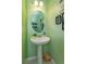 Stylish powder room features a pedestal sink, an oval mirror, and light green walls at 2024 Hemingway Cir, Groveland, FL 34736