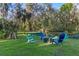Inviting backyard space with a fire pit, Adirondack chairs, and views of a peaceful pond surrounded by lush greenery at 11243 Dead River Rd, Tavares, FL 32778