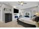 Well-appointed main bedroom features a tray ceiling, fireplace, modern furnishings, and a serene ambiance at 1679 E County Road 462, Wildwood, FL 34785