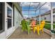 Screened-in patio features colorful Adirondack chairs, perfect for relaxing outdoors at 27004 Nature View St, Leesburg, FL 34748