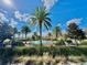 Community pool featuring palm trees, a black metal fence, and a beautiful blue sky with fluffy white clouds at 412 Arbor Pointe Ave, Minneola, FL 34715
