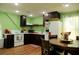 Functional kitchen featuring dark cabinets, white appliances, a dining table and a vibrant green color scheme at 600 Urick St, Fruitland Park, FL 34731