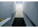 Carpeted stairs leading to the upper level, featuring a handrail and a contrasting wall color at 600 Urick St, Fruitland Park, FL 34731